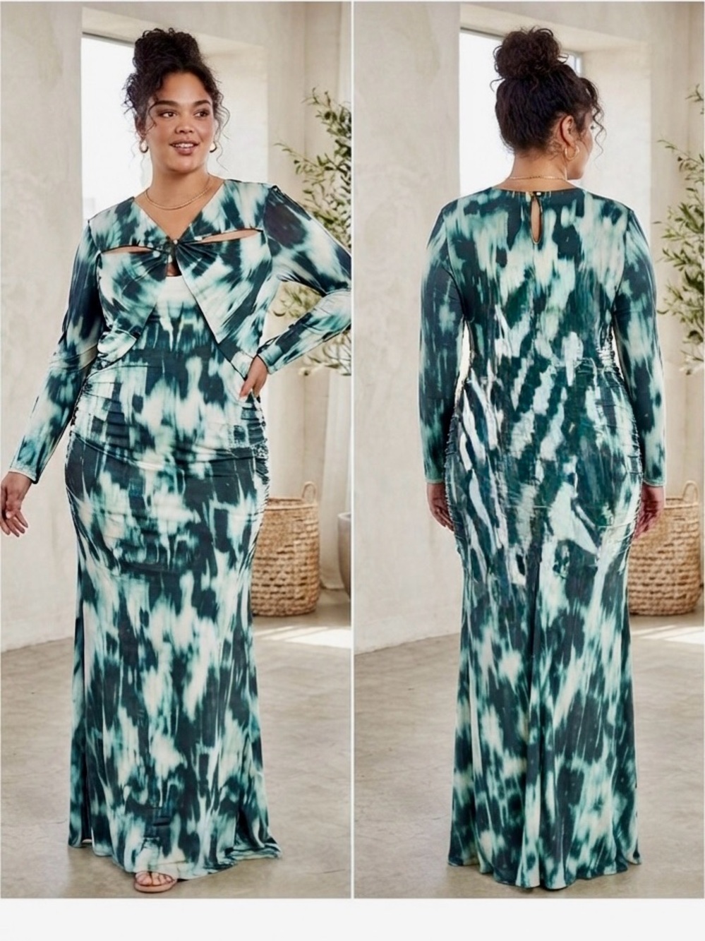 (NWT)BOLD Element Green & White Long sleeve Plus-Size Tye-Dye Pattern Maxi Dress
